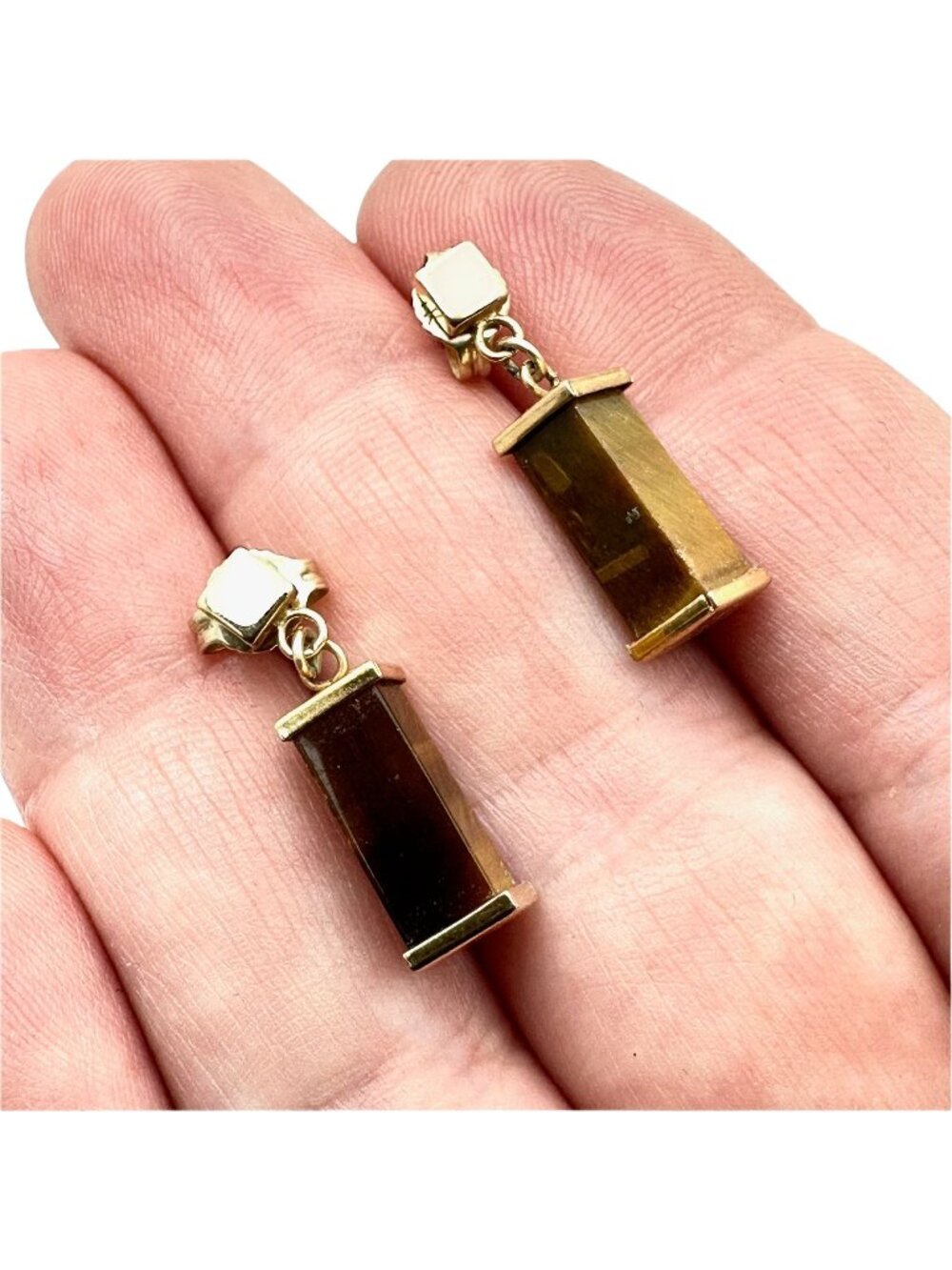 14K Yellow Gold Earrings Tiger Eye Drop Pierced 2.9 Grams